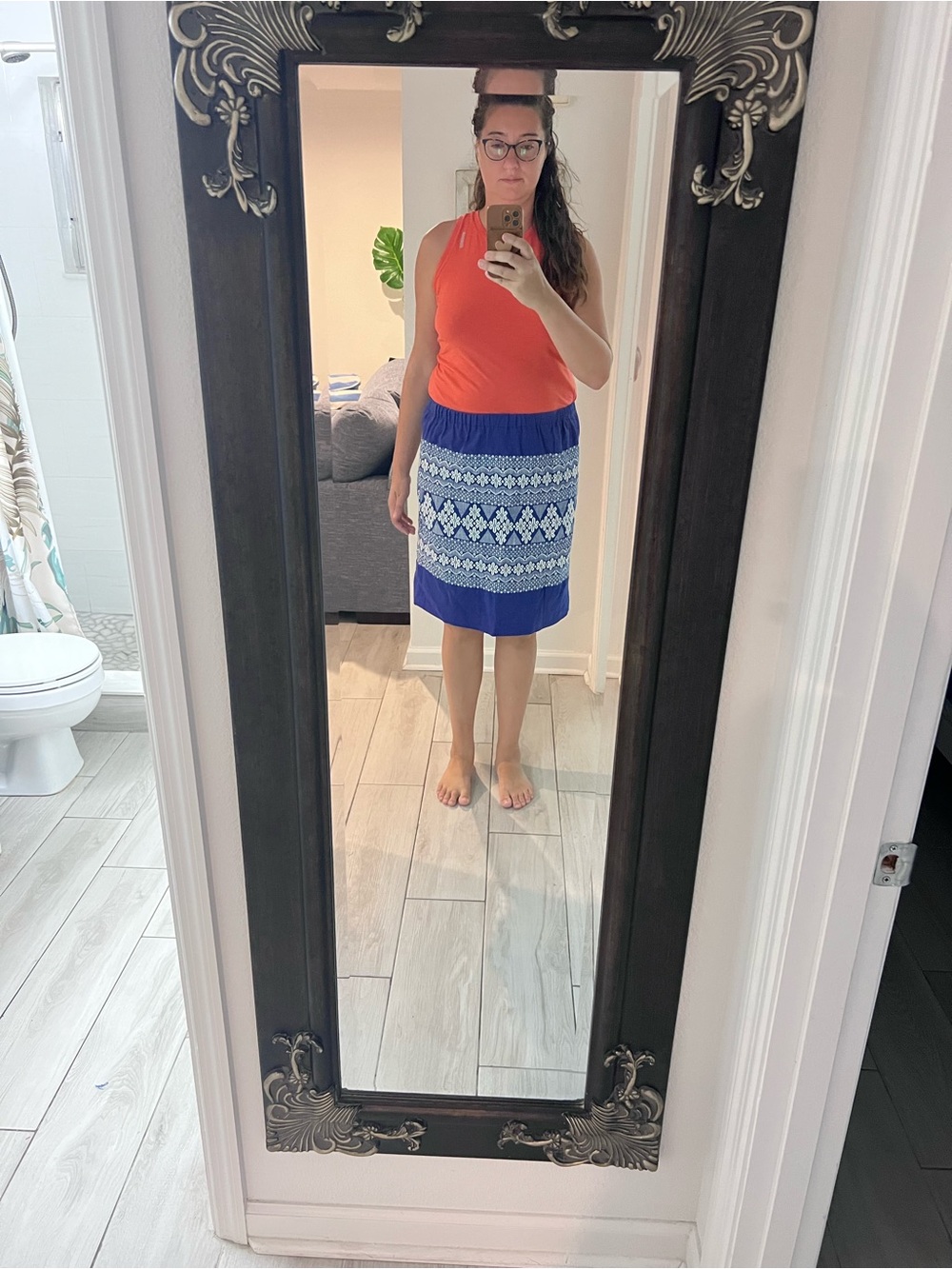 Blue Printed Knit Skirt - Women's Casual Summer Skirt Size XL